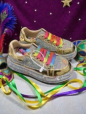 halpa Naisten kengät-Naisten Mardi Gras sateenkaari rhinestone-lenkkarit metallinhohtoisilla kultaisilla yksityiskohdilla – Rohkeat ja kimaltelevat täydelliset karnevaaleihin naamiaisjuhliin festivaaleille ja katutyylille