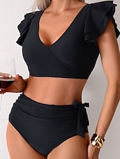 Χαμηλού Κόστους Σετ μπικίνι-Γυναικεία Μαγιό 2 κομμάτι Προκλητικό Μαγιό Σουρωτά Κουρελού Εξώπλατο Διακοπές Ρούχα παραλίας Συνδυασμός Χρωμάτων Λαιμόκοψη V Αμάνικο Μαγιό