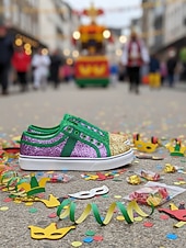 levne Dámská obuv-Dámské fialové třpytivé slip-on tenisky na Mardi Gras – Třpytivé boty pro hudební festivaly karnevalové párty a výrazné pouliční oblečení