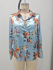 رخيصةأون بلوزات رسمية-نسائي قميص أنيقة بلوزة من الساتان قمم الصيف مكشكش بقع طباعة ورد الرسم سهل أنيق عتيق سيدات كم طويل قبعة القميص قمصان عادية مناسب للبس اليومي عمل مناسب للعطلات أزرق الصيف الربيع