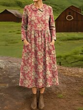 economico Abito Boho-Per donna Abito Midi Tubino Abito Pieghettato Vacanza Casual Boho Ferie Abito Primaverile Vestibilità regolare Floreale Grafico Manica Lunga Girocollo Grigio rosa Arancione Primavera Autunno Inverno