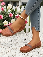 economico Slip-ons e mocassini da donna-Mocassini casual cammello da donna – Loafers slip-on in ecopelle con cinturino in strass perfetti per un abbigliamento quotidiano comodo passeggiate ufficio guida e outfit casual