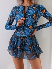 billiga Tankinis-Dam Badkläder Tankini 2 st Kjol Baddräkt Magkontroll Hög midja Smal Elegant Semester Blommig Rund hals Långärmad Baddräkter