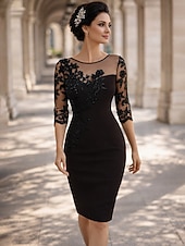 abordables Longitud del té-Funda Columna Hasta la Rodilla Corto Mini Vestido de Fiesta Vestido Cóctel Vestido Invitada Boda Vestido de Madrina Manga Larga Escote de ilusión Elegante Invitado a la boda El derby de Kentucky