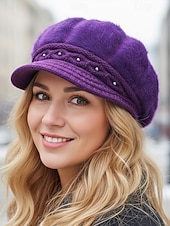 levne Dámské klobouky-Dámská polyesterová čepice z umělé kožešiny, zdobená perlami, dostupná v několika barvách, ideální pro zimní outfity