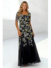  A-Line Floor Length Beaded Eembroidered Wedding Guest Dress Formal Dresses Mother of the Bride Dress Short Sleeve Square Neck Elegant Simple Minimalist Formal Wedding Guest Tulle Beaded Lace with