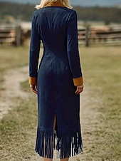 abordables Vestido Boho Occidental-Mujer Vestido Midi Vestido bohemio Vestido informal Elegante Moda Moderno Diario Noche Fin de semana Ajuste regular Plano Manga Larga Cuello Camisero Azul Marino Primavera Otoño Invierno