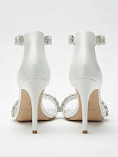 olcso Menyasszony-Luxus fehér menyasszonyi tűsarkú cipő templomi és hivatalos esküvőkre, kristályos bokapántos, nyitott orrú esküvői cipők menyasszonynak