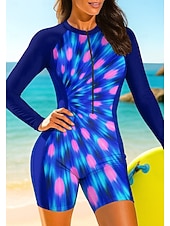 cheap One Pieces Rash Guards-Women's Medium Rash Guard Bathing Suit Athletic Swimwear Tie Dye Color-blocking Removable Pad Front Zip Boyleg UV Sun Protection UPF50+ Stretchy Long Sleeve Swimwear Bodysuit Surfing Beach Water