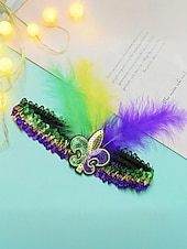 levne Příslušenství-Dámská souprava masky a čelenky na karneval Mardi Gras z polyesteru s flitry – živé barvy s peřím ideální pro karneval a maškarní večírky