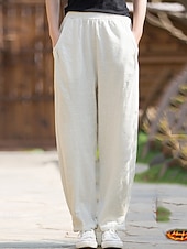 preiswerte Unterteile-Damen Hose aus Baumwollleinen Chinos Sommerhose Lange Unterhosen Urlaub Streetwear Basic Volle Länge Mittlere Taillenlinie Einfach Tasche Elastischer Bund Bequem Komfort Unelastisch Täglich Outdoor