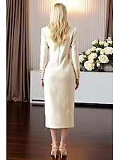 cheap Tuxedo Dresses-Women's Tuxedo Dress Sheath Business Office Formal Satin Elegant Long Sleeve Midi Peak Lapel Double Breasted