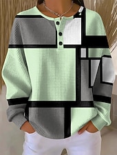 billiga Randig och geometrisk hoodie-Dam Huvtröjor Knappar Grafisk Geometrisk Färgblock Mode Ledigt Tryck Långärmad Rund hals Vanliga toppar Ledigt Gata Blå Rodnande Rosa Purpur Grön Höst Vinter