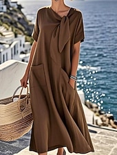 abordables Robe Simple-Femmes Robe maxi Robe trapèze Robe d'été Occasionnel Quotidien Coupe Ample Uni Manche Courte Col en V Bleu Marron clair Marron Vert Véronèse Été
