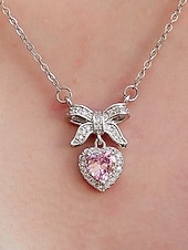 tanie Walentynki-damski naszyjnik ze stopu metali w kształcie serca z kokardką, dostępny w kolorze białym i różowym, idealny na Walentynki