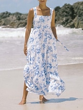 tanie Sukienki kwiatowe-Damskie Sukienka maxi Sukienka A line Sukienka na ramiączkach Urlop Codzienny Na zewnątrz Wyjściowe Luźna Kwiaty Graficzny Bez rękawów Cienkie ramiączka Niebieski Błękit nieba Pomarańczowy Zielony