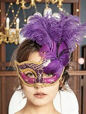 cheap Accessories-Women's Purple Feather Masquerade Mardi Gras Mask - Glitter Venetian Half-Mardi Gras Mask with Gold Trim for Carnival, Costume Balls &amp; Glamorous Party Events