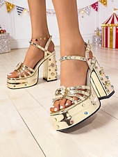preiswerte Plattform Sandalen-Damen-Plateausandalen mit klobigem Absatz und Strasssteinen &amp;Perlenschnalle, glamouröse Metallic-Schuhe für Damen, perfekt für Partys im Nachtleben und Karnevalsfeiern.
