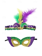 levne Příslušenství-Dámská souprava masky a čelenky na karneval Mardi Gras z polyesteru s flitry – živé barvy s peřím ideální pro karneval a maškarní večírky