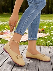 preiswerte Ballerinas für Damen-Damen-Ballerinas aus weichem Kunstleder in Mandelfarbe mit weiter Passform und Schleife – minimalistische Slipper für Büro, Freizeit und Schule