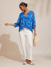 お買い得  ブラウス＆シャツ-バケーション オーシャン エレメント プリント ルーズ シフォン ショート トップス