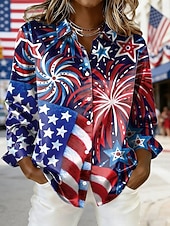  Camicia patriottica da donna per il Giorno dell'Indipendenza grafico bandiera vintage stilosa moderna maniche lunghe colletto top regolari abbigliamento quotidiano vacanza blu rosso primavera inverno