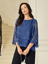  Mulheres Blusa transparente Tops de chiffon Renda Barra Assimétrica Floral Elegante Manga 3/4 Gola Redonda Tops regulares Diário Convidado do casamento Wedgwood Verão Primavera Outono