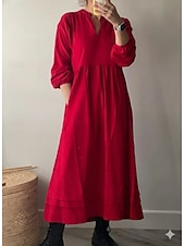 olcso Luxus Ruhák-Női Maxiruha Váltó ruha A vonalú ruha Fit and Flare ruha Szabadság Alkalmi Boho Napi Parti Laza öltözet Sima Hosszú ujj V-alakú Medence Fekete Rubin Nyár Tavasz Ősz Tél