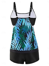abordables Tankinis-Bañador de tankini de 2 piezas para mujeres leopardo pantalones cortos control de abdomen alta cintura delgado espalda descubierta para vacaciones playa hojas cuello redondo sin mangas