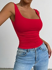 baratos Plain Tank-Women's Camisole Tank Top Solid Color Stylish Casual Sleeveless Square Neck Regular Tops Daily White Yellow Wine Red Royal Blue Summer