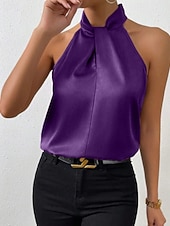preiswerte Schicke Blusen-Damen Hemd Elegant Satin-Top Seidenhemd Rückenfrei Einfach Elegant Stilvoll Ärmellos Neckholder Normale Oberteile Ferien Ausgehen Schwarz Weiß Kamel Purpur Braun Sommer Frühling