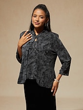 baratos Jaquetas-Mulheres Blusa Tops elegantes Elegante à moda Manga 3/4 Colarinho Mandarim Tops regulares Trabalho Convidado do casamento Traje formal Preto Outono Inverno