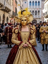 billiga Tillbehör-Kvinnors röd- och guldvenetiansk karneval Mardi Gras mask med fjädrar och blommiga detaljer – Perfekt för Mardi Gras och maskeradfester
