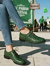 Γυναικεία πράσινα παπούτσια Oxford από ψεύτικο κροκόδειλο – φλατ παπούτσια με χαμηλό τακούνι και κορδόνια για την παρέλαση της ημέρας του Αγίου Πατρικίου, ιρλανδικά ρούχα φεστιβάλ &εορτασμοί διακοπών