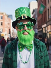 お買い得  アクセサリー-男性用聖パトリックの日のコスチュームセット - 緑のレプラコーンの帽子、蝶ネクタイ、ひげ、シャムロックのメガネ &amp;お祝いの休日にぴったりのネックレス