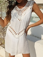 cheap Beach Dresses-Women's Swimwear Cover Up Swim Dress Dress Swimsuit Cut Out Vacation Beach Wear Solid Color V Neck Sleeveless Bathing Suits