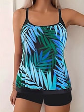 abordables Tankinis-Bañador de tankini de 2 piezas para mujeres leopardo pantalones cortos control de abdomen alta cintura delgado espalda descubierta para vacaciones playa hojas cuello redondo sin mangas