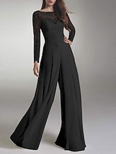 preiswerte Overalls für Mütter-Strandhochzeit Halle Lässige Hochzeitskleider Jumpsuits Illusion Hals Langarm Bodenlang Chiffon Brautkleider Mit Applikationen