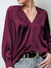 cheap Dressy Blouses-Women's Shirt Elegant Satin Top Blouse Ruched Plain Vintage Stylish Long Sleeve V Neck Regular Tops Holiday Going out Black White Wine Apricot Summer Spring