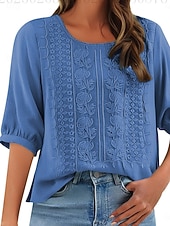 baratos Blusas Simples-Mulheres Blusa Linho de algodão sintético Bordado Floral à moda Casual Manga 3/4 Gola Redonda Tops regulares Diário Azul Preto Rosa Verde Verão Primavera