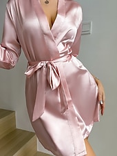 economico Camicie da notte e pigiami da donna-Per donna Camicia da Notte Casual Morbido Raso Colore Puro Allacciato Quotidiano Casa Da letto Manica Lunga Scollo a V Nero Bianco Champagne Rosa Rosso Estate Vestibilità comoda