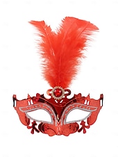 economico Accessori-Maschera in maschera veneziana rossa con piume per donne - elegante accessorio da costume intagliato al laser per il festival di Venezia Mardi Gras cosplay e feste in maschera