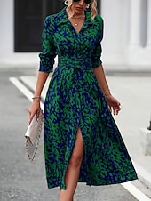 cheap Art&amp;Design Dress-Women's Midi Dress A Line Dress Summer Dress Casual Daily Regular Fit Graphic Leopard Long Sleeve Lapel Navy Fuchsia Green Spring