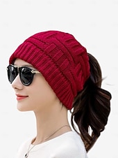 economico Cappelli da donna-berretto da donna in maglia con coda di cavallo: berretto rosso in maglia a trecce, elegante e comodo per il freddo, perfetto per attività casual e all'aperto