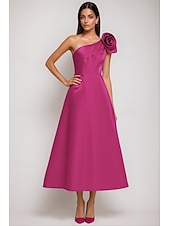 abordables Vestidos de Cocktail-A-Line Tea Length Cocktail Dresses Elegant Silky Semi Formal Sleeveless One Shoulder Garden Party Wedding Satin with Shouder Flower