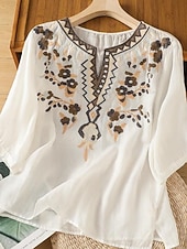 abordables Blusas Sencillas-Mujer Blusa Lino de algodón sintético Frunce Bordado Floral Elegante Casual Manga 3/4 Cuello Barco Tops regulares Diario Azul Piscina Blanco Rosa Morado Verde Trébol Verano Primavera