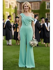 preiswerte Overalls für Mütter-Overalls Bodenlang Brautmutterkleid Ärmellos Ein-Schulter Elegant Einfach Formell Hochzeitsgast Abschlussfeier mit Gerafft