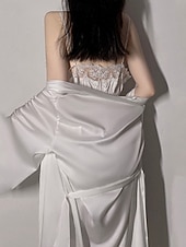 abordables Combinaisons pour femmes-Femmes Robe Chemise de Nuit Ensemble Pyjama Occasionnel Doux Satin Couleur Unie Dentelle Robes Quotidien Maison Lit manche longue Bretelles Noir Blanche Rose Claire Vin Marron Été Coupe régulière