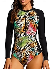 baratos Rash Guards de Uma Peça-Mulheres Normal Anti Atrito Roupa de banho Conjunto de maiô Leopardo Tropical Bloqueio de cores Zip Up UPF50+ Secagem Rápida Leve Manga Longa Camisa de Natação roupa de banho Surfe Praia Esportes