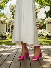 baratos Convidado do casamento-Sandálias femininas verdes de cetim com salto bloco e nó - elegantes sapatos de casamento com tira no tornozelo para damas de honra. &amp;convidados, saltos altos elegantes e confortáveis para o jardim